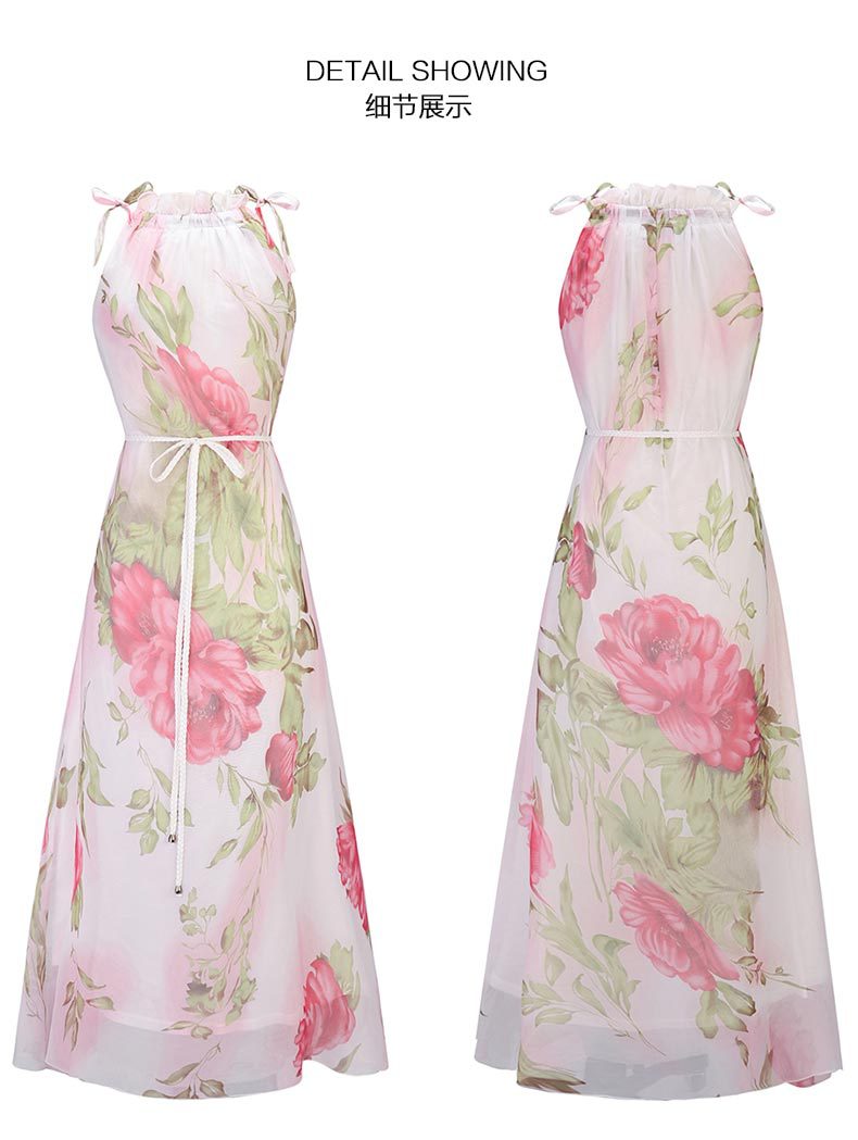 SZ60137 Pink Floral Printed Halter Maxi Dress